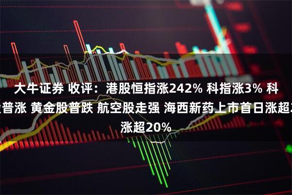 大牛证券 收评：港股恒指涨242% 科指涨3% 科网股普涨 黄金股普跌 航空股走强 海西新药上市首日涨超20%